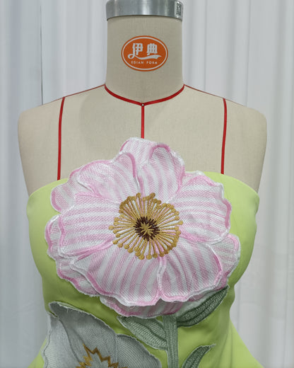 Lime Green Strapless Tunic Embroidery Top