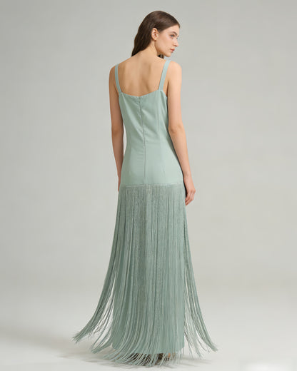 Mint Green Fringe spaghetti strap Maxi Dress