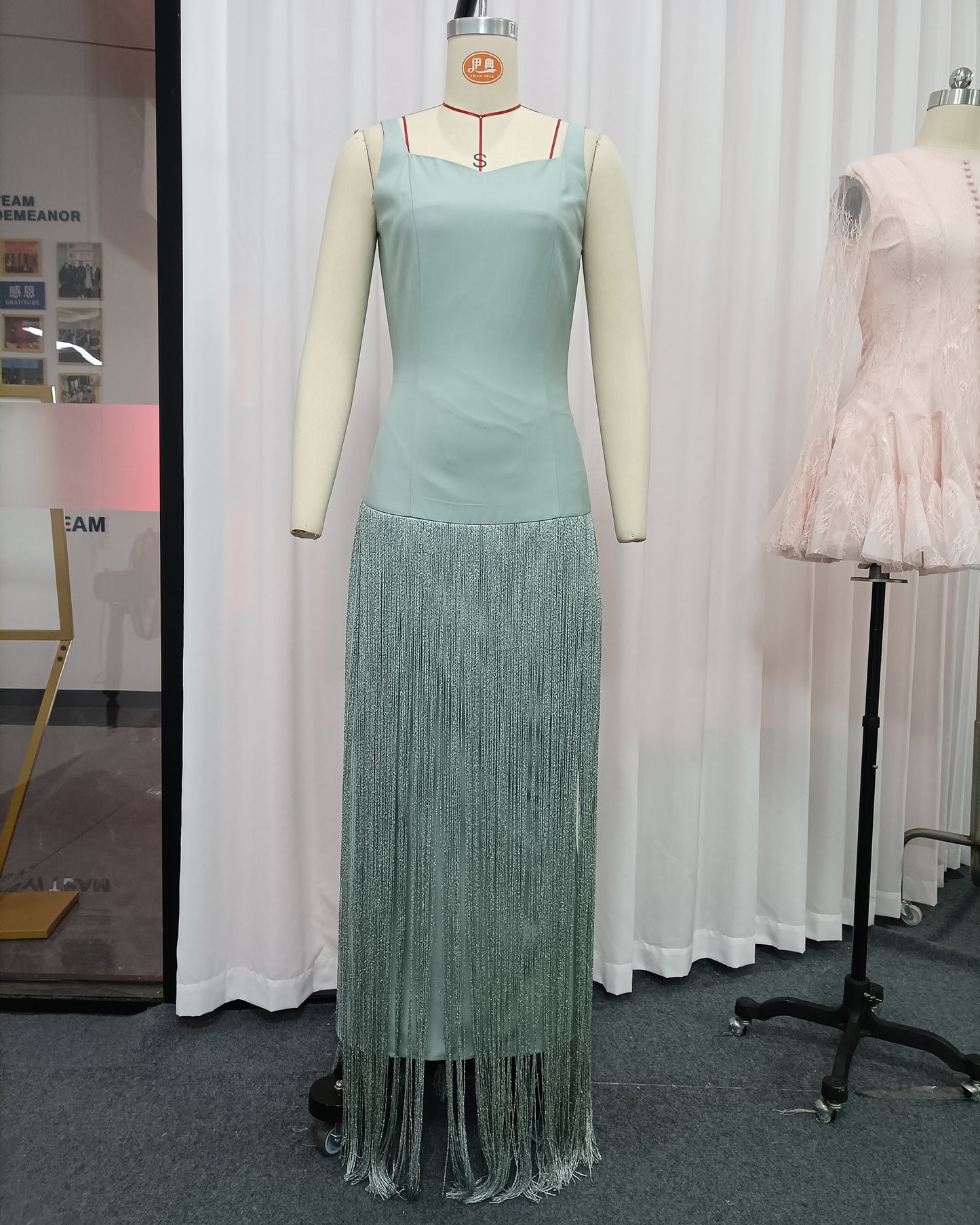 Mint Green Fringe spaghetti strap Maxi Dress
