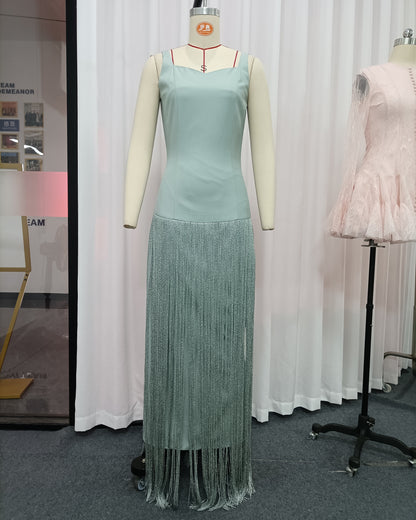 Mint Green Fringe spaghetti strap Maxi Dress