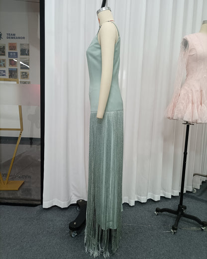 Mint Green Fringe spaghetti strap Maxi Dress