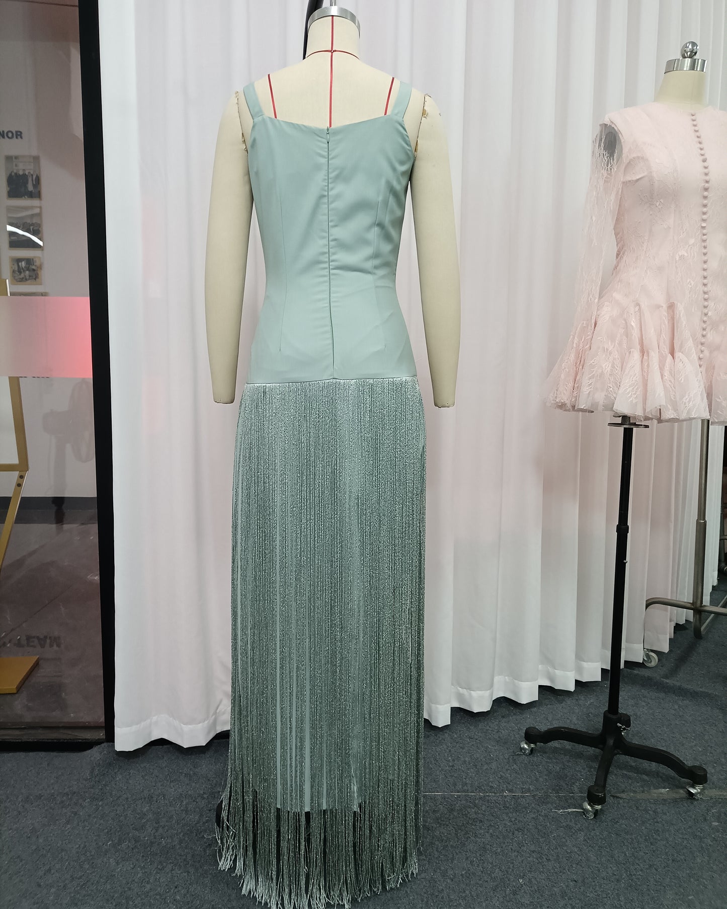 Mint Green Fringe spaghetti strap Maxi Dress