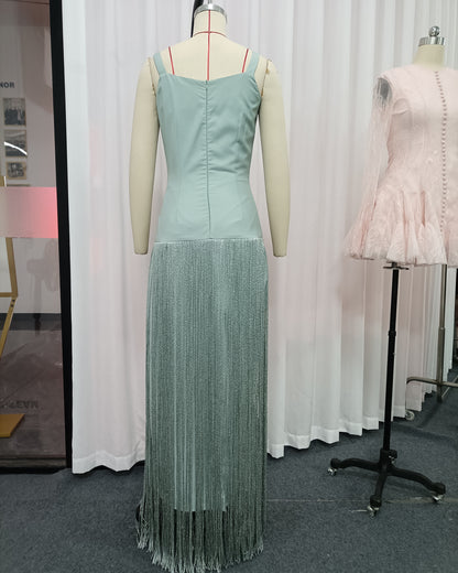 Mint Green Fringe spaghetti strap Maxi Dress
