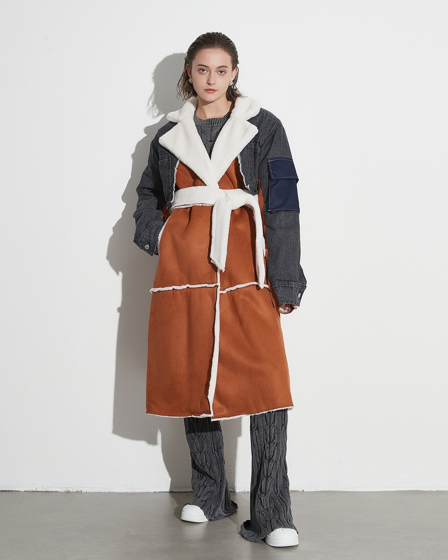 Mixed-Media Shearling-Lined Trench Coat with Belt