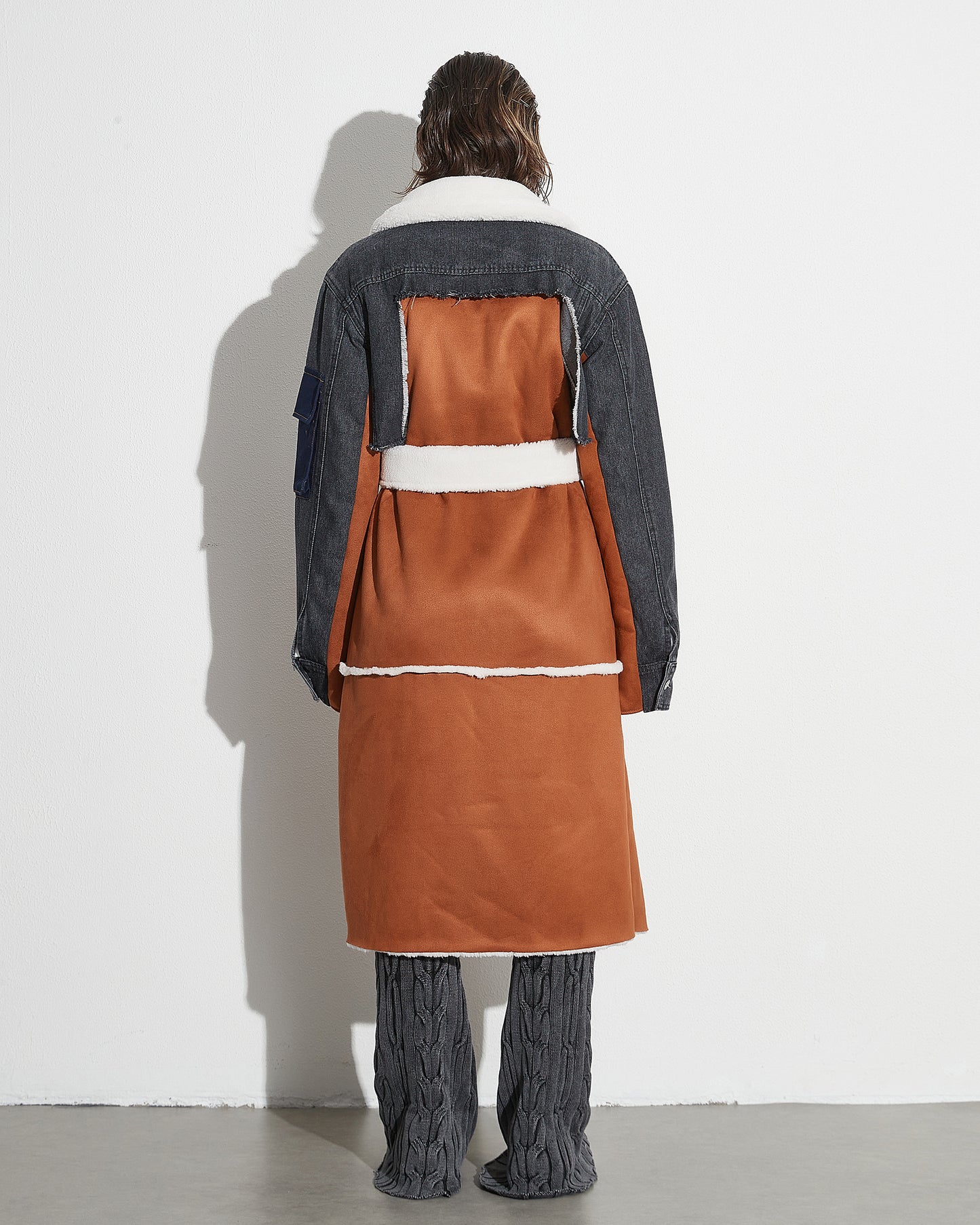 Mixed-Media Shearling-Lined Trench Coat with Belt