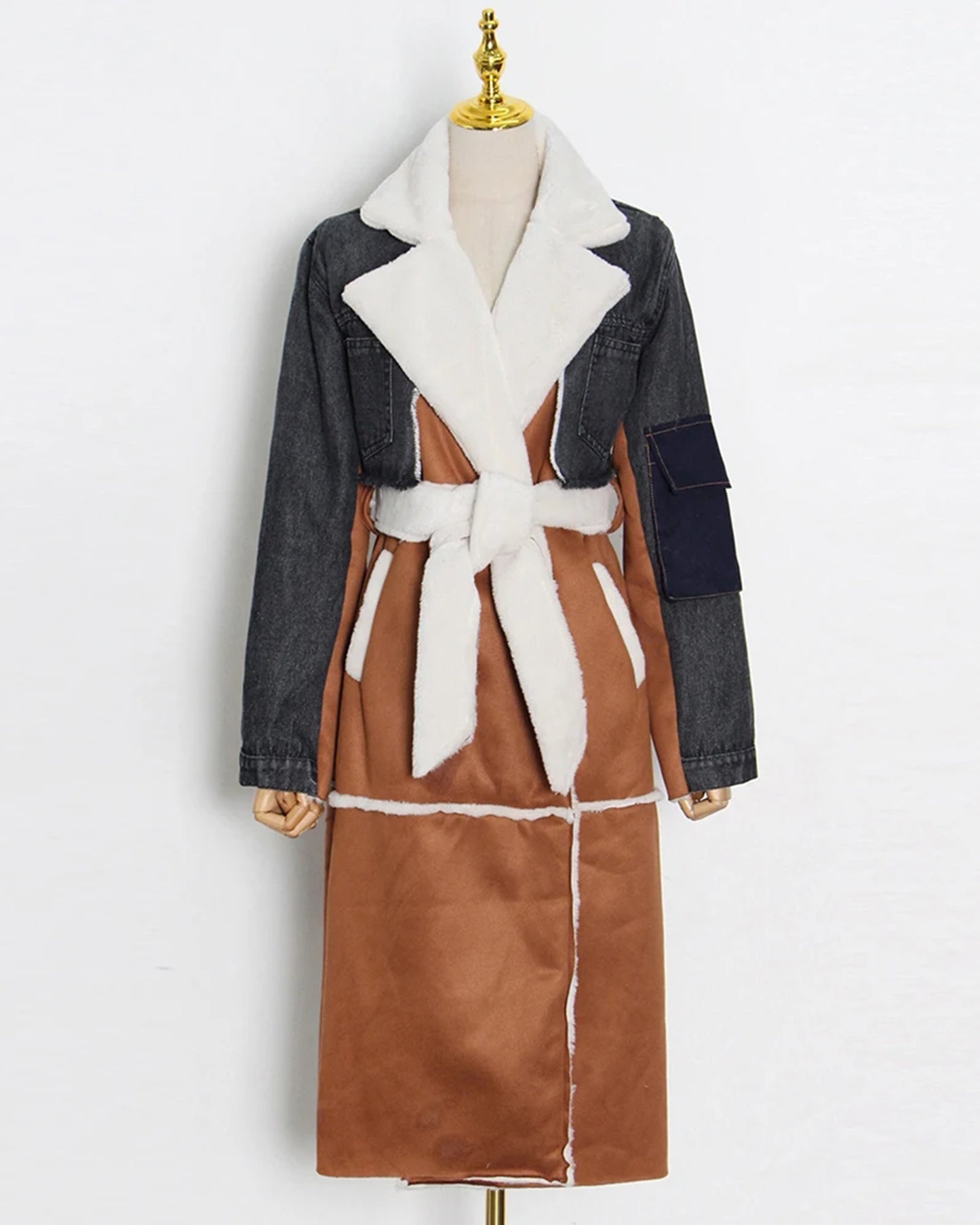 Mixed-Media Shearling-Lined Trench Coat with Belt