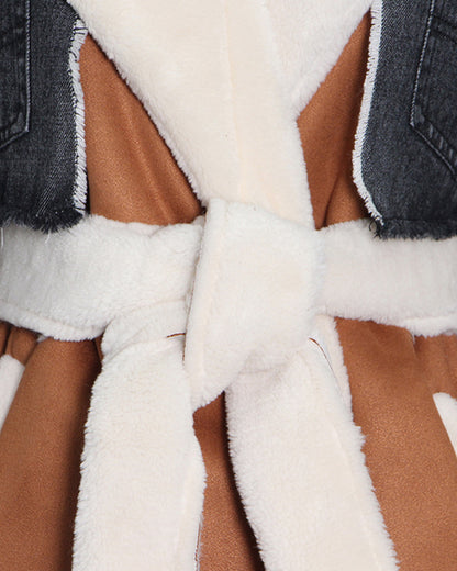 Mixed-Media Shearling-Lined Trench Coat with Belt