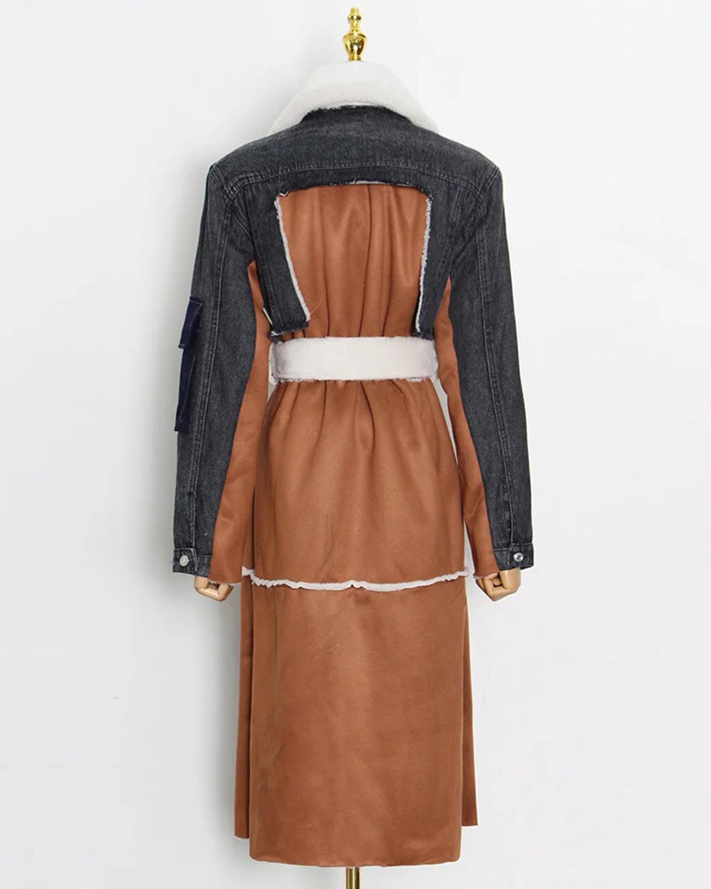 Mixed-Media Shearling-Lined Trench Coat with Belt