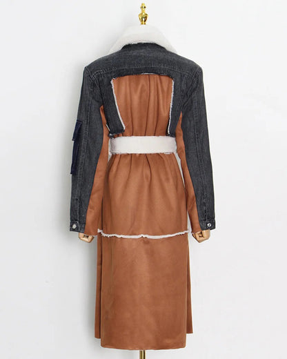 Mixed-Media Shearling-Lined Trench Coat with Belt