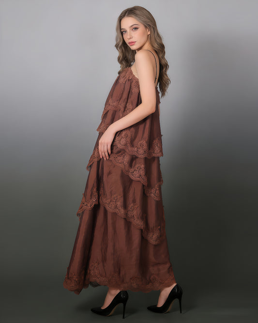 Mocha Lace Tiered Spaghetti Strap Maxi Dress