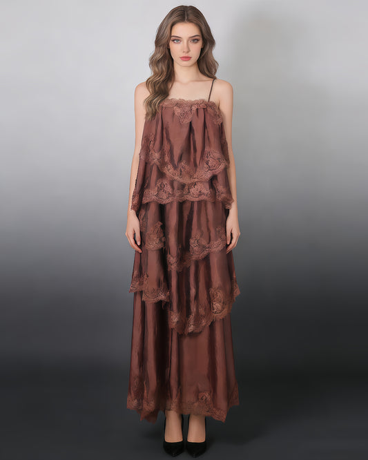 Mocha Lace Tiered Spaghetti Strap Maxi Dress