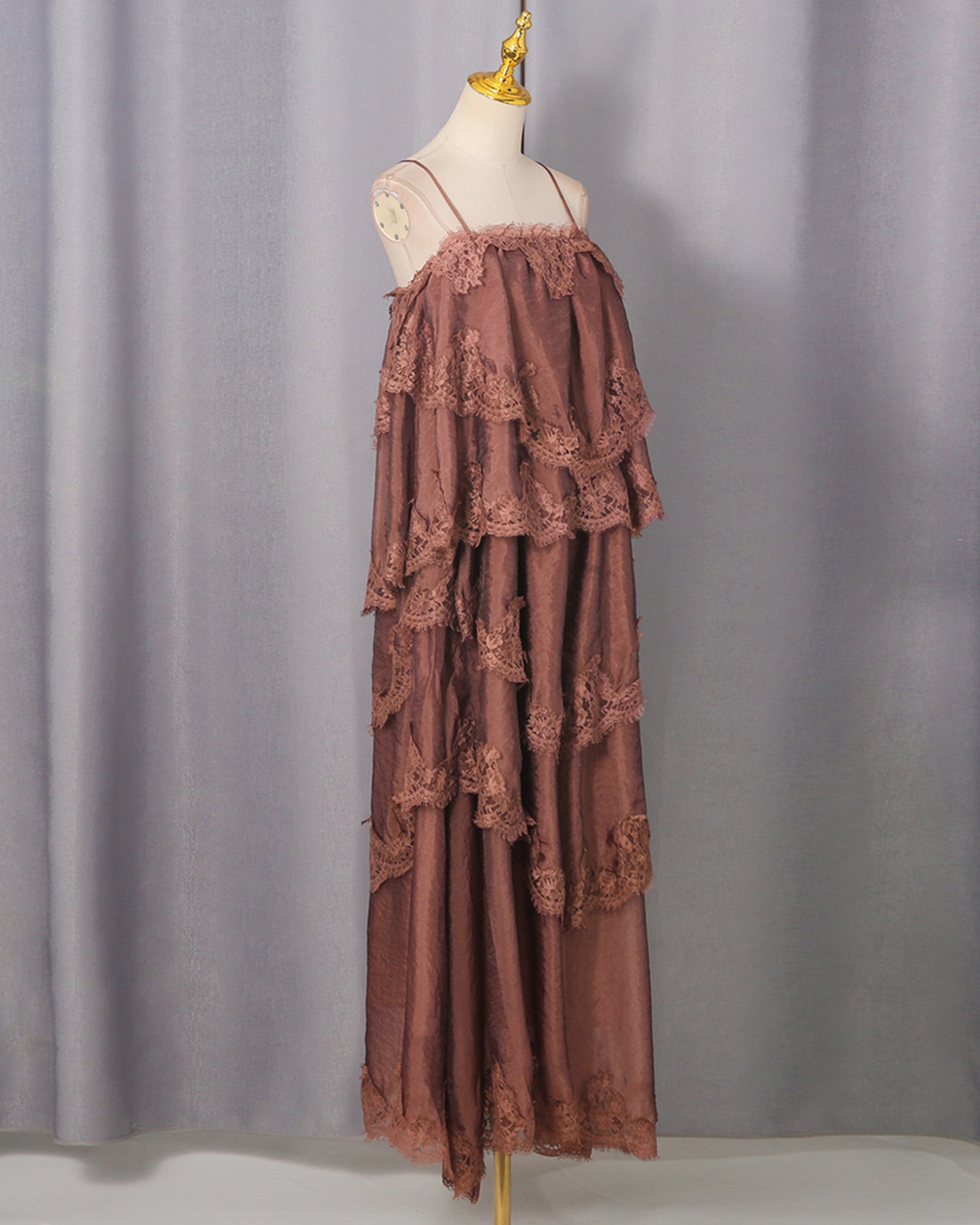 Mocha Lace Tiered Spaghetti Strap Maxi Dress