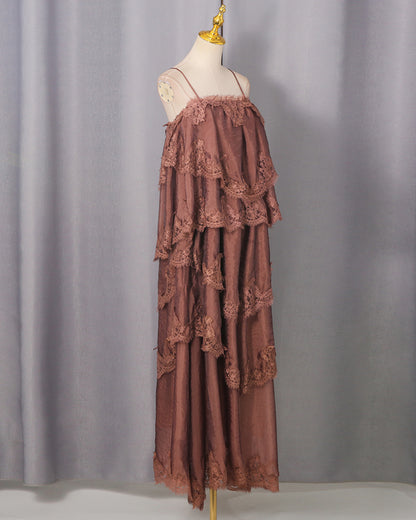 Mocha Lace Tiered Spaghetti Strap Maxi Dress