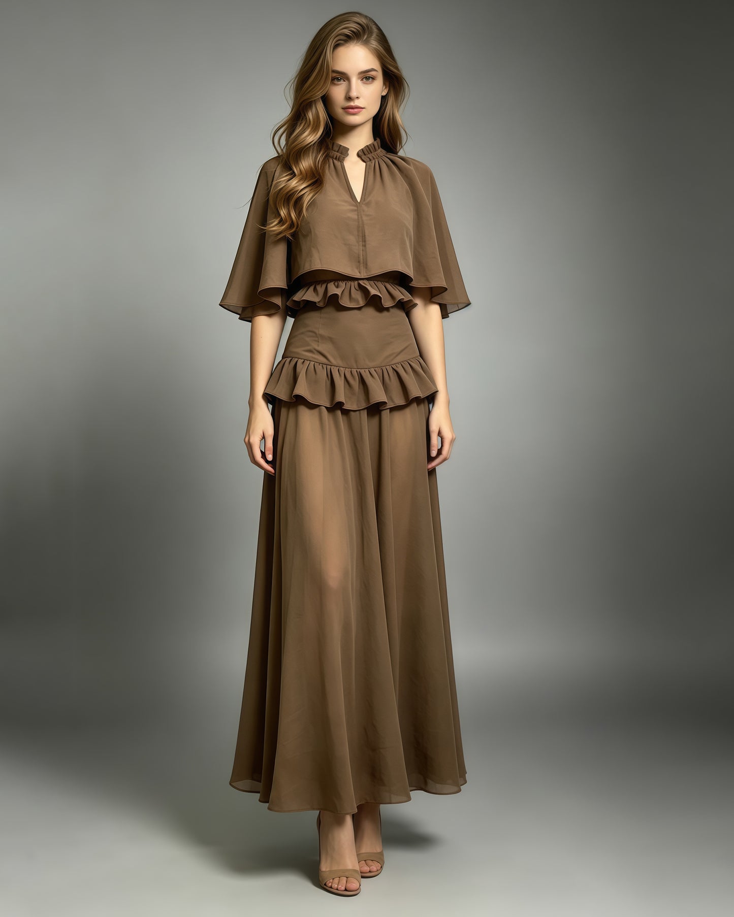 Mochabrown Cape-Sleeve Ruffled Top Maxi Skirt Set