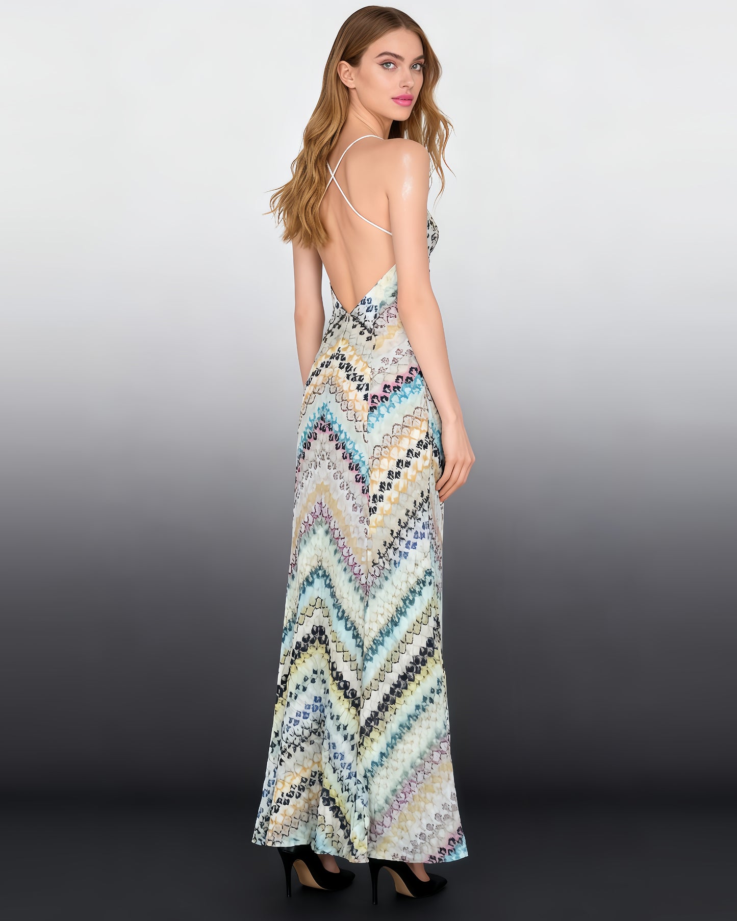 Multicolor Print Spaghetti Strap Backless Maxi Dress