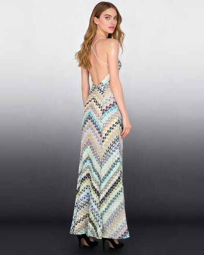 Multicolor Print Spaghetti Strap Backless Maxi Dress