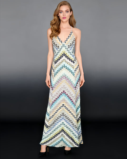 Multicolor Print Spaghetti Strap Backless Maxi Dress
