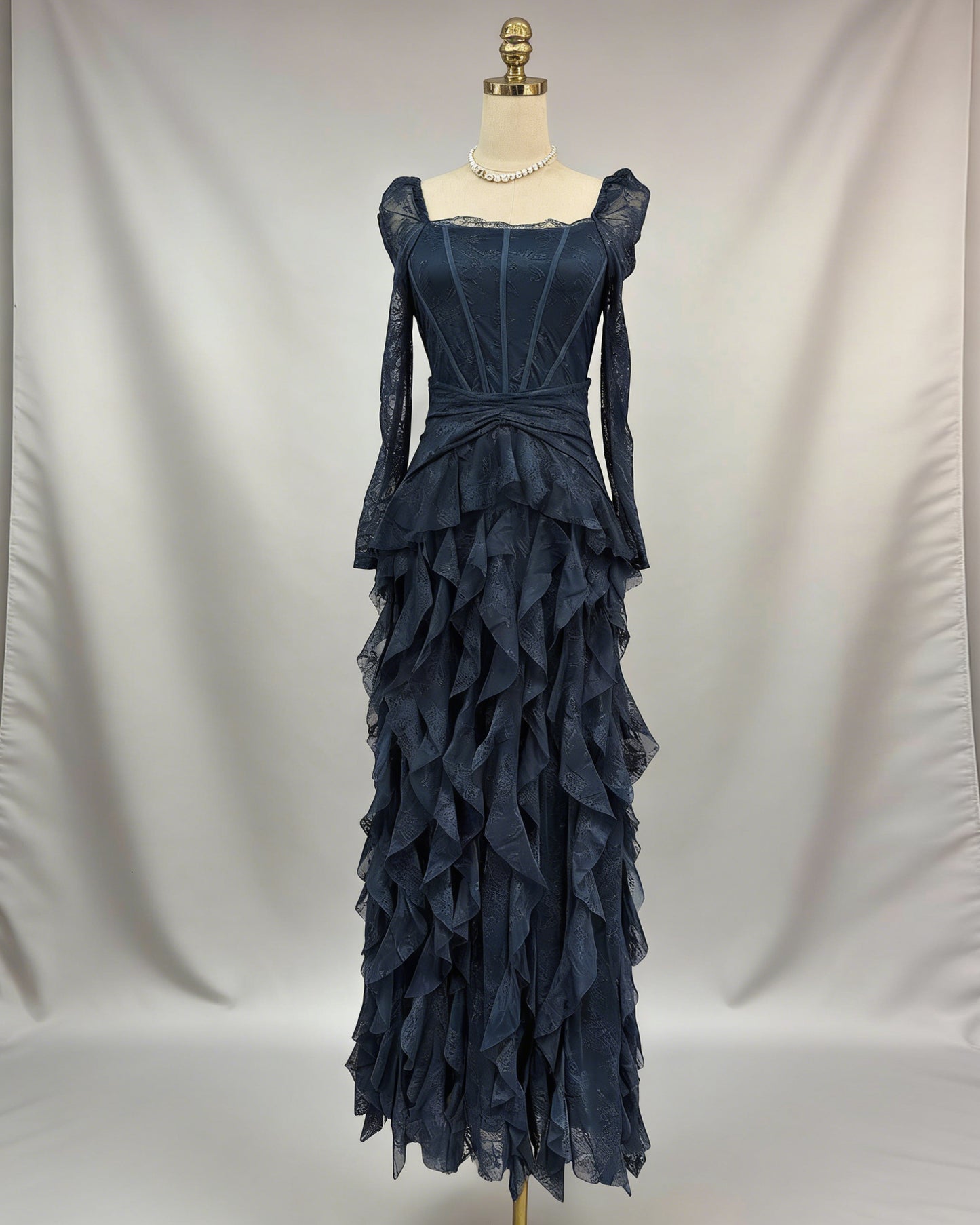 Navy Blue Lace Ruffle Maxi Dress