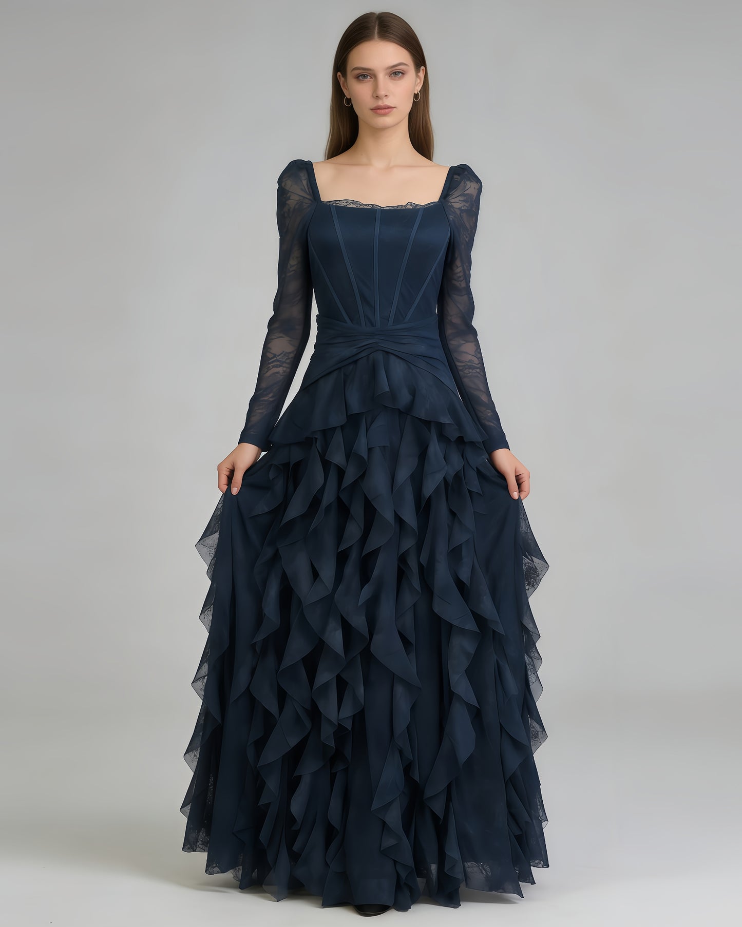 Navy Blue Lace Ruffle Maxi Dress