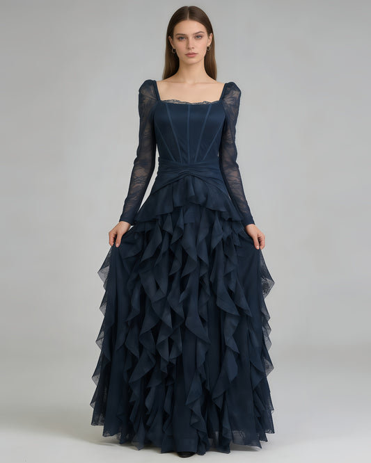 Navy Blue Lace Ruffle Maxi Dress