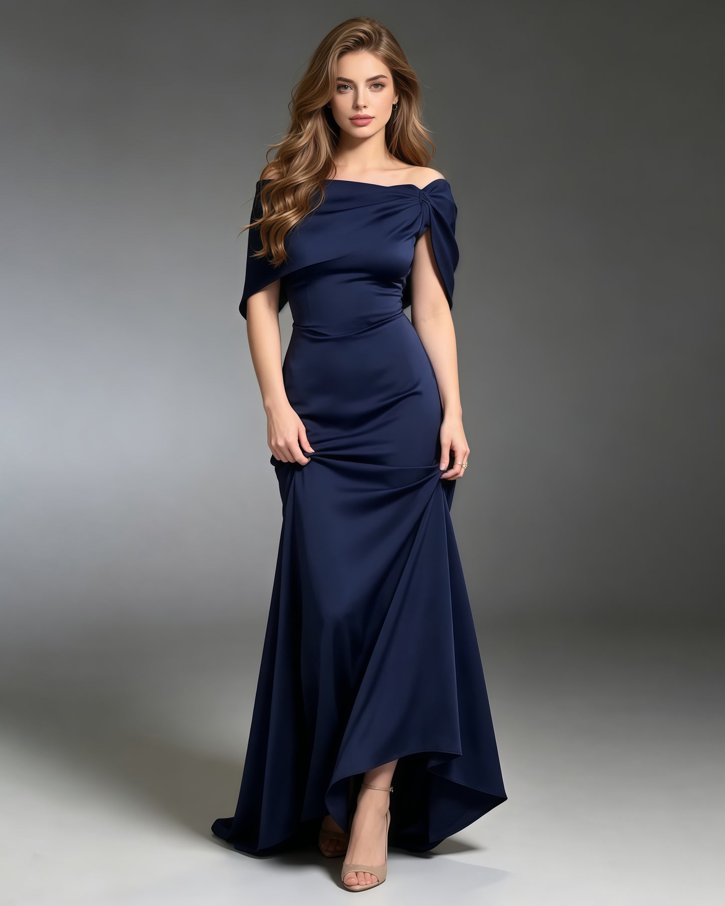 Navy Blue Off-the-Shoulder Mermaid Evening Gown