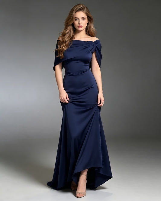 Navy Blue Off-the-Shoulder Mermaid Evening Gown