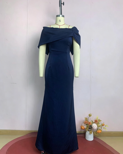 Navy Blue Off-the-Shoulder Mermaid Evening Gown