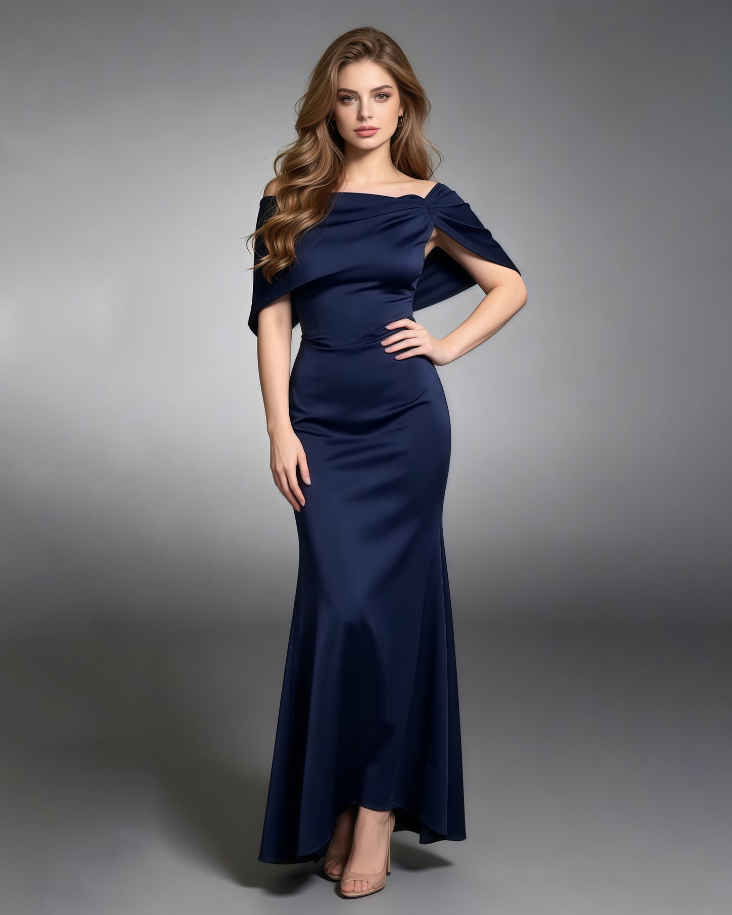 Navy Blue Off-the-Shoulder Mermaid Evening Gown
