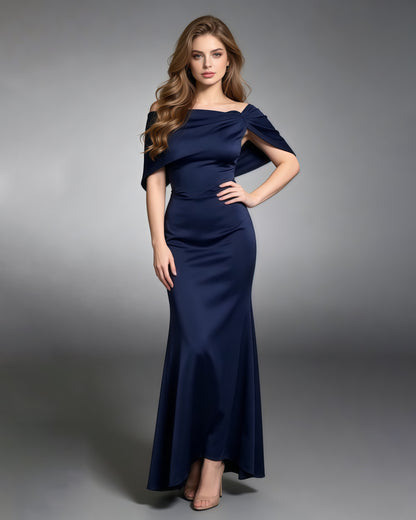 Navy Blue Off-the-Shoulder Mermaid Evening Gown