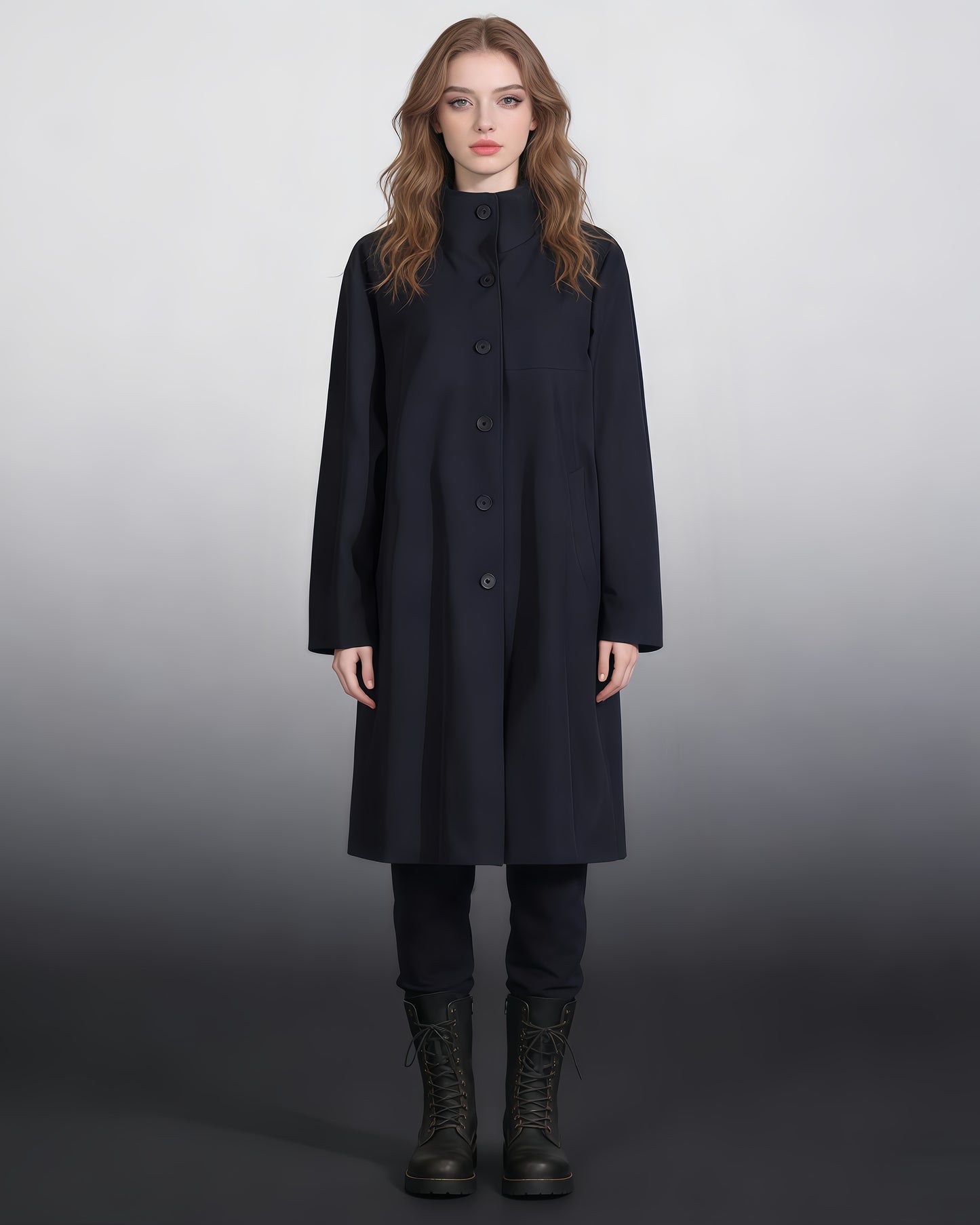 Navy Blue Stand-Collar Longline Coat with Button Front