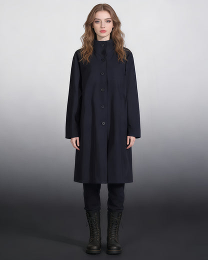 Navy Blue Stand-Collar Longline Coat with Button Front