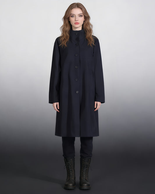 Navy Blue Stand-Collar Longline Coat with Button Front