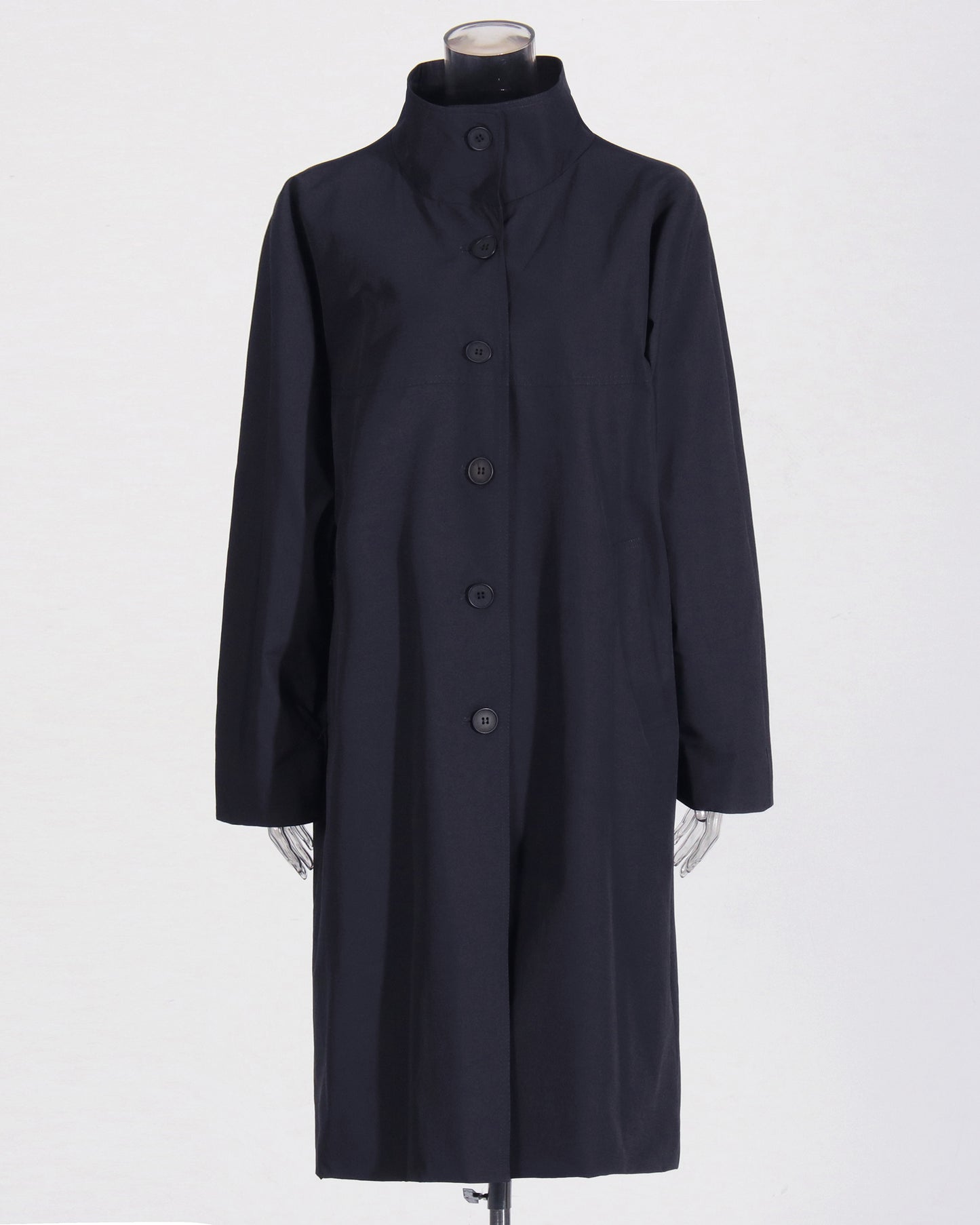 Navy Blue Stand-Collar Longline Coat with Button Front