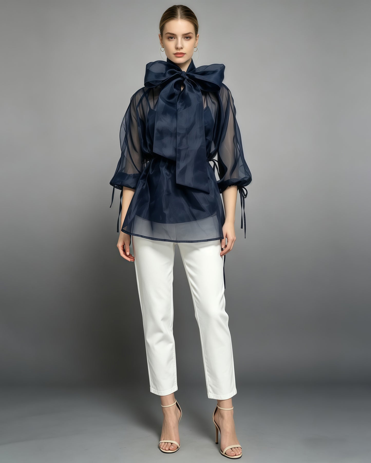 Navy Bow Puff Sleeves Tunic Top