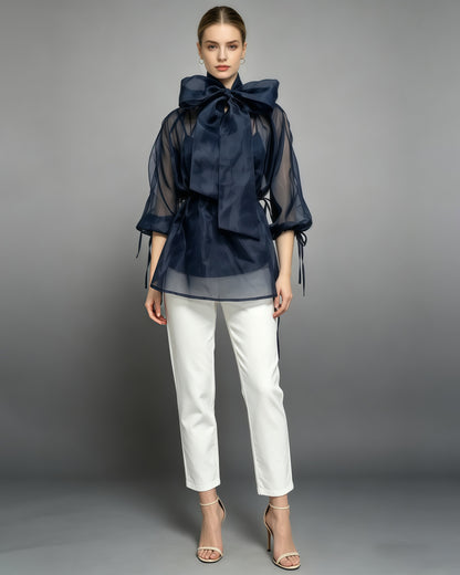 Navy Bow Puff Sleeves Tunic Top