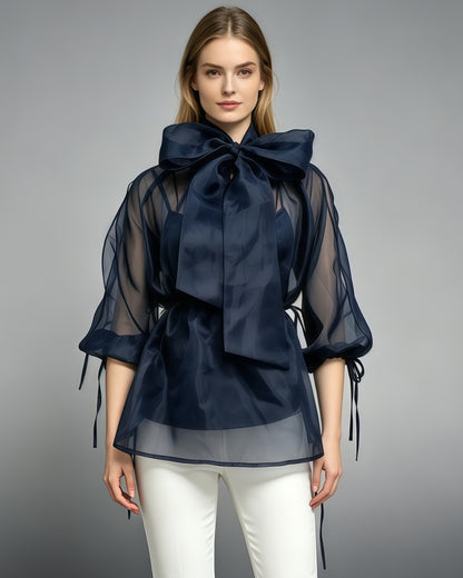 Navy Bow Puff Sleeves Tunic Top