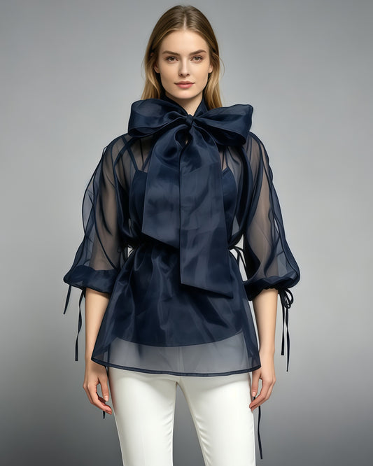 Navy Bow Puff Sleeves Tunic Top