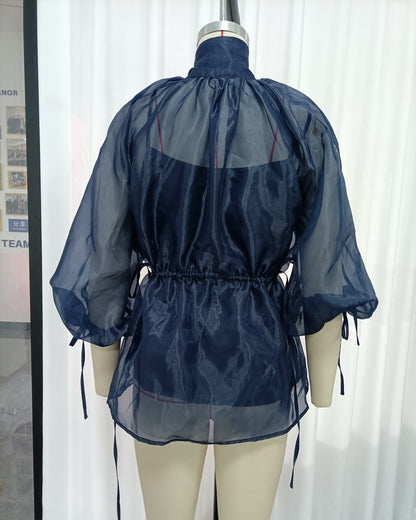 Navy Bow Puff Sleeves Tunic Top