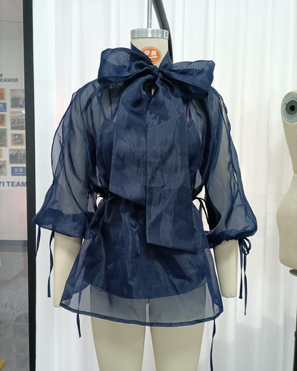 Navy Bow Puff Sleeves Tunic Top