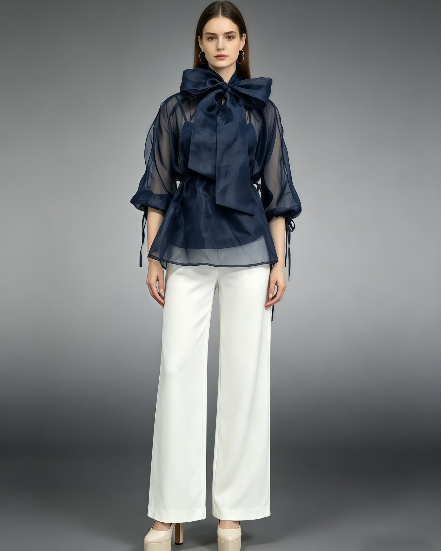 Navy Bow Puff Sleeves Tunic Top