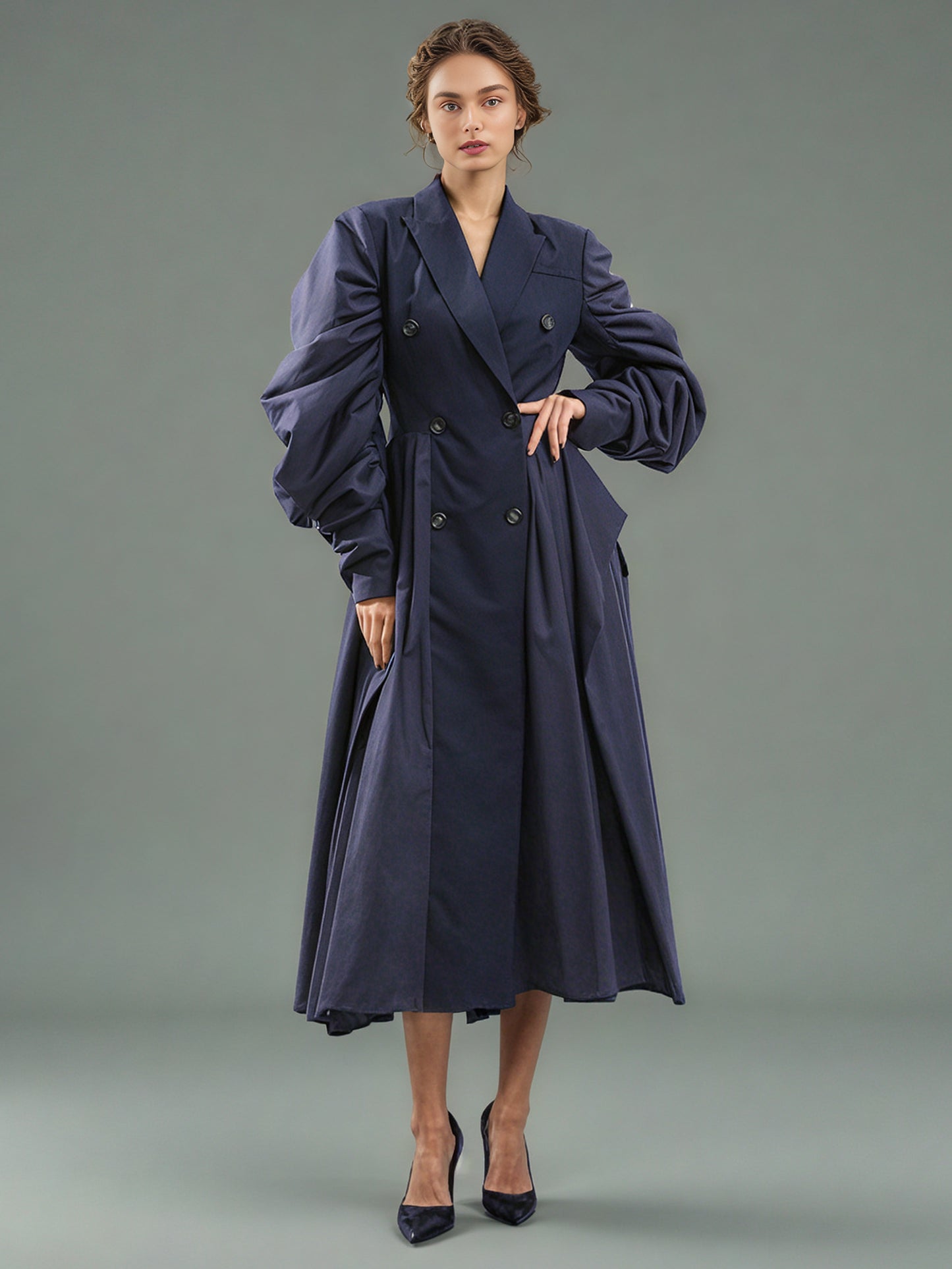 Navy Double-Breasted Trench Coat with Ruched Sleeves