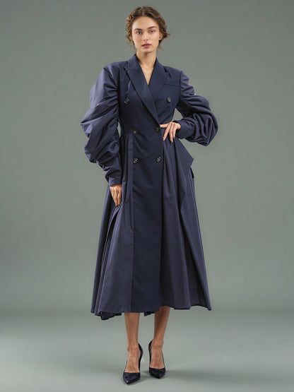 Navy Double-Breasted Trench Coat with Ruched Sleeves