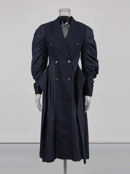 Navy Double-Breasted Trench Coat with Ruched Sleeves
