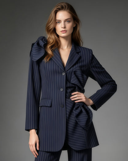 Navy Pinstripe Asymmetric Pleated Bow Long Jacket