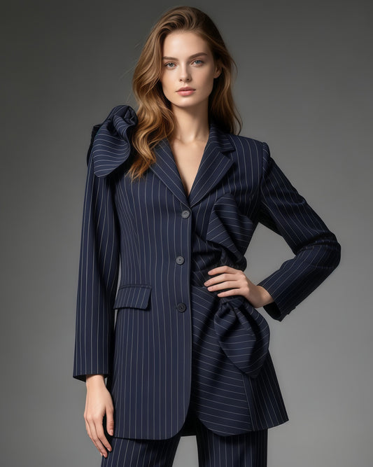 Navy Pinstripe Asymmetric Pleated Bow Long Jacket