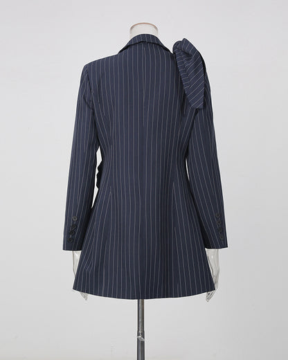 Navy Pinstripe Asymmetric Pleated Bow Long Jacket