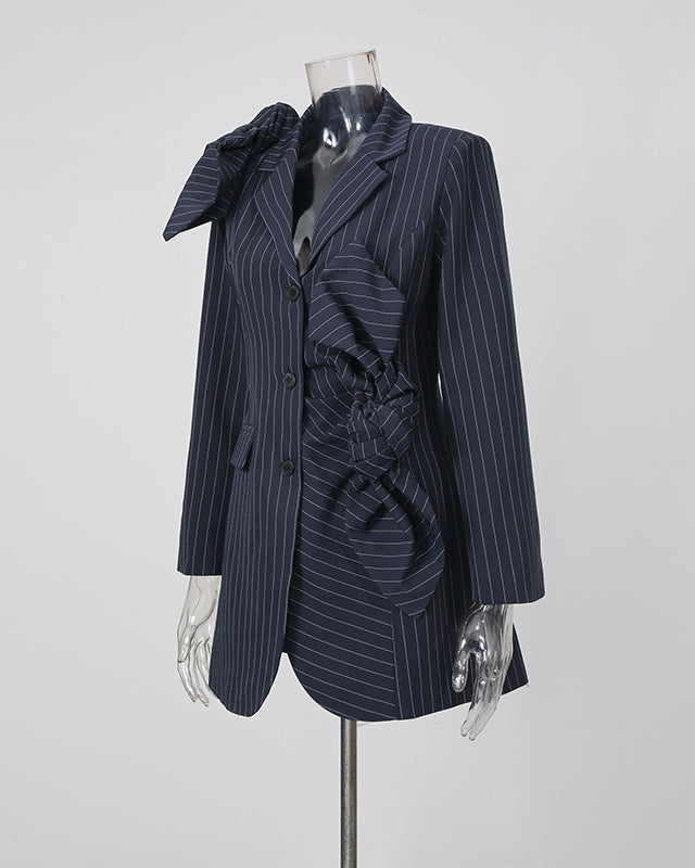 Navy Pinstripe Asymmetric Pleated Bow Long Jacket