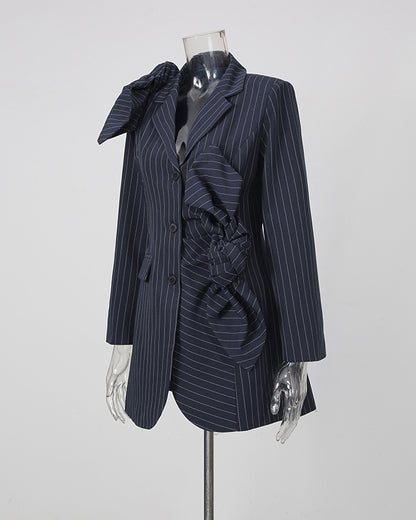 Navy Pinstripe Asymmetric Pleated Bow Long Jacket