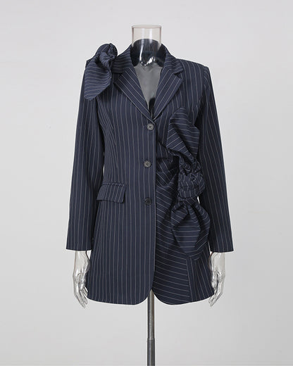 Navy Pinstripe Asymmetric Pleated Bow Long Jacket