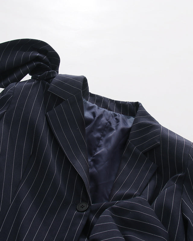 Navy Pinstripe Asymmetric Pleated Bow Long Jacket